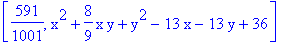 [591/1001, x^2+8/9*x*y+y^2-13*x-13*y+36]